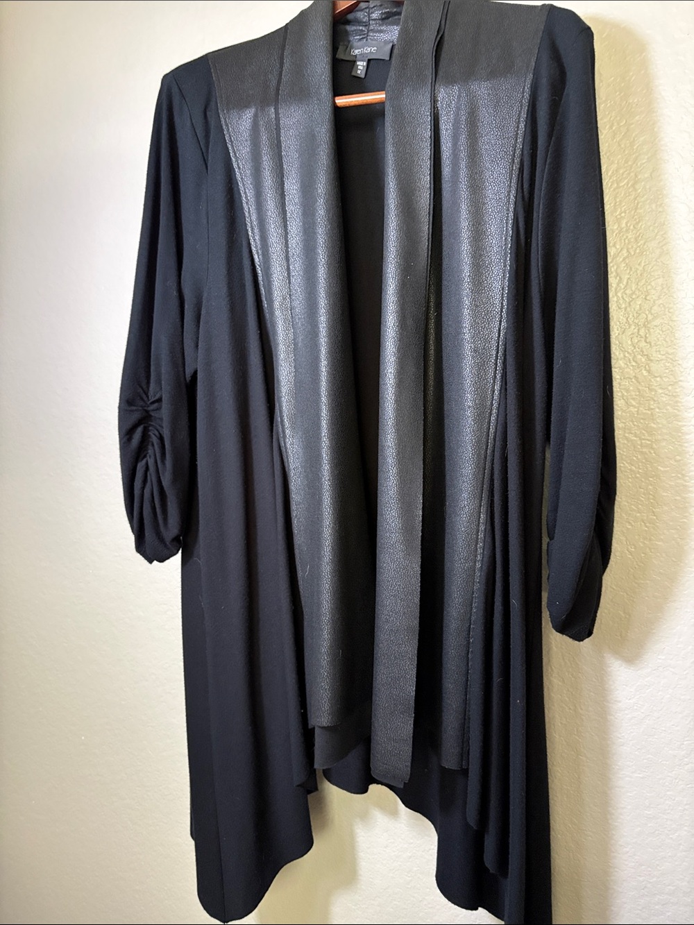 Vintage Karen Kane Black Draped Open Cardigan with Faux-Leather Trim